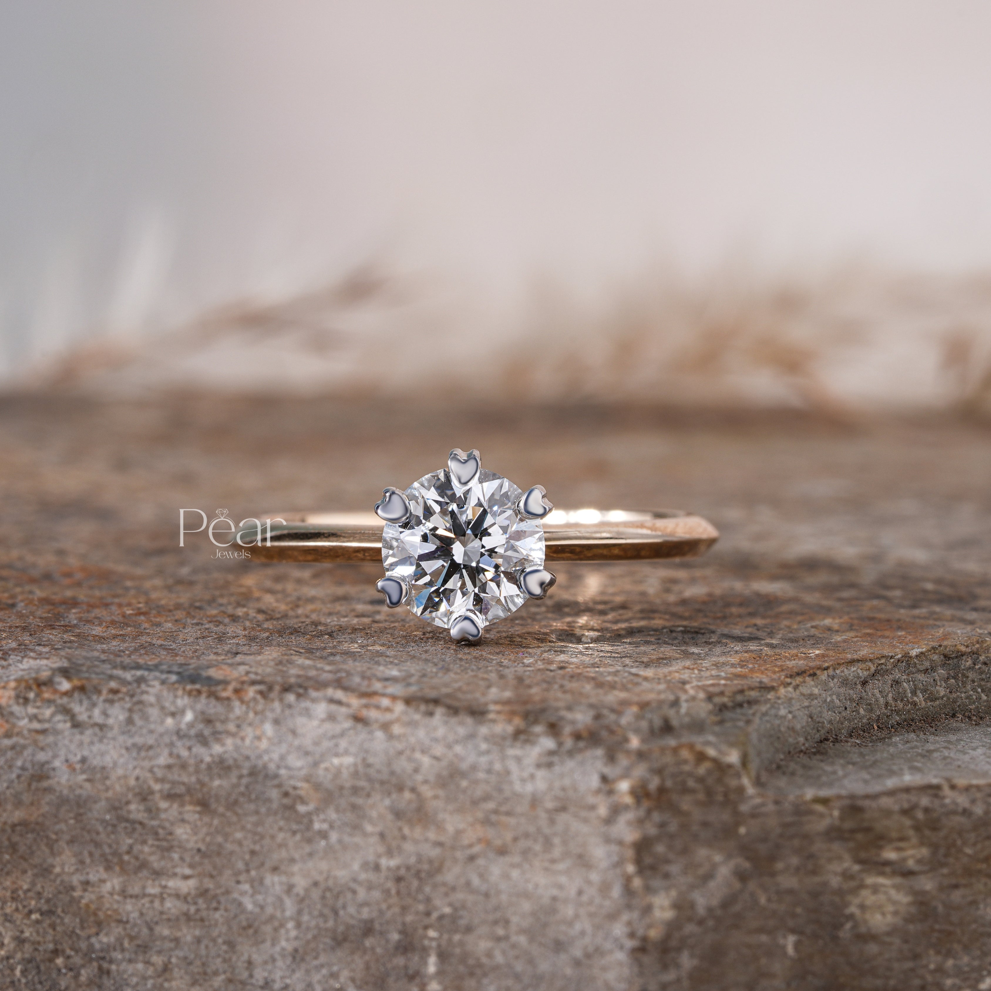 Round Solitaire Basket Heart Prong Engagement Ring - Pear Jewels